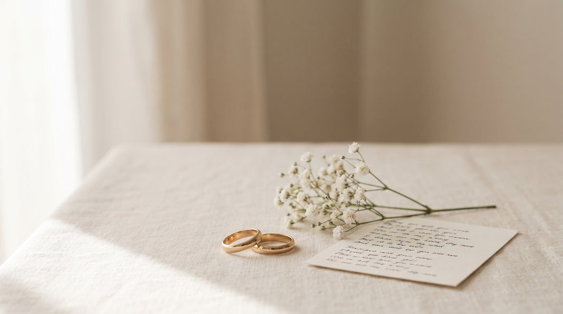 Hochzeitslieder Standesamt: Eheringe und Songkarte auf hellem Leinen