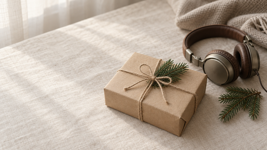 Weihnachtsgeschenk für Opa: Geschenkbox mit Kopfhörern und Tannenzweig auf Leinen