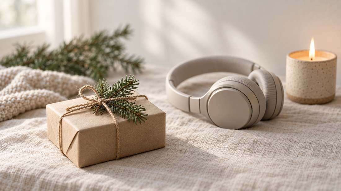 Weihnachtsgeschenk für Mama: Geschenkbox mit Tannenzweig, Kopfhörer und Kerze