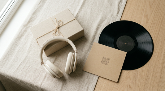 Geburtstagslied mit Namen erstellen: Geschenkbox, Kopfhörer, Schallplatte und Song-Karte mit QR-Code auf hellem Leinen