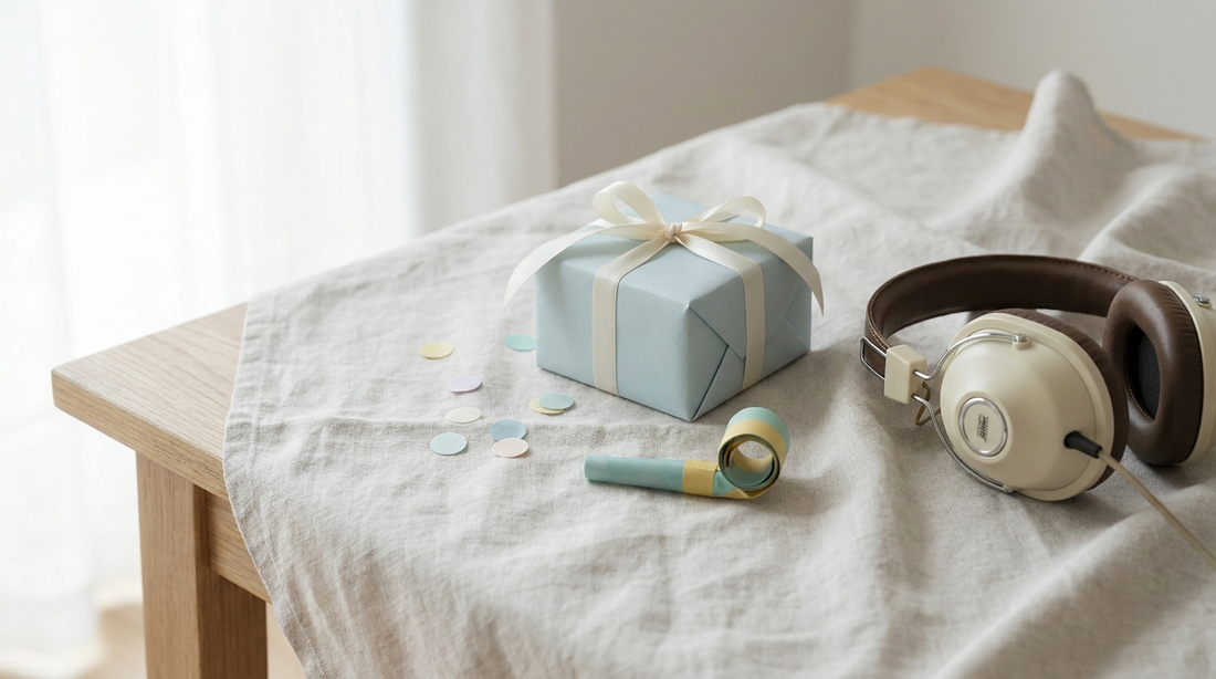 Lustiges Geburtstagslied: Geschenkbox mit Konfetti und Kopfhörern auf hellem Leinen