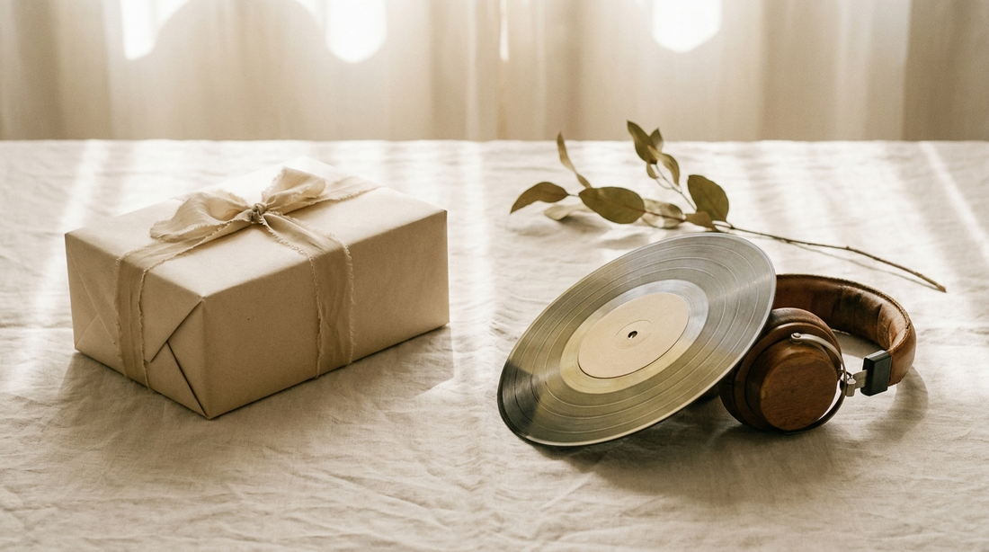 Lied zum 70. Geburtstag: Geschenkbox, Schallplatte und Kopfhörer auf hellem Leinen