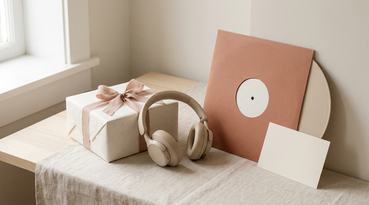 Lied zum 30. Geburtstag: minimalistisches Stillleben mit Geschenkbox, Kopfhörern und Schallplatte