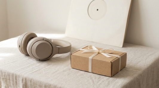 Abschiedslied für den Chef: Geschenkbox, Kopfhörer und Schallplatte als musikalisches Abschiedsgeschenk