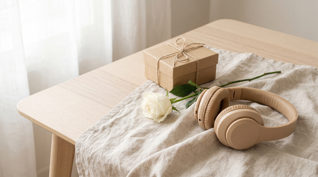 Abschiedslied für Kollegin: Geschenkbox mit Kopfhörern und weißer Rose auf hellem Leinen