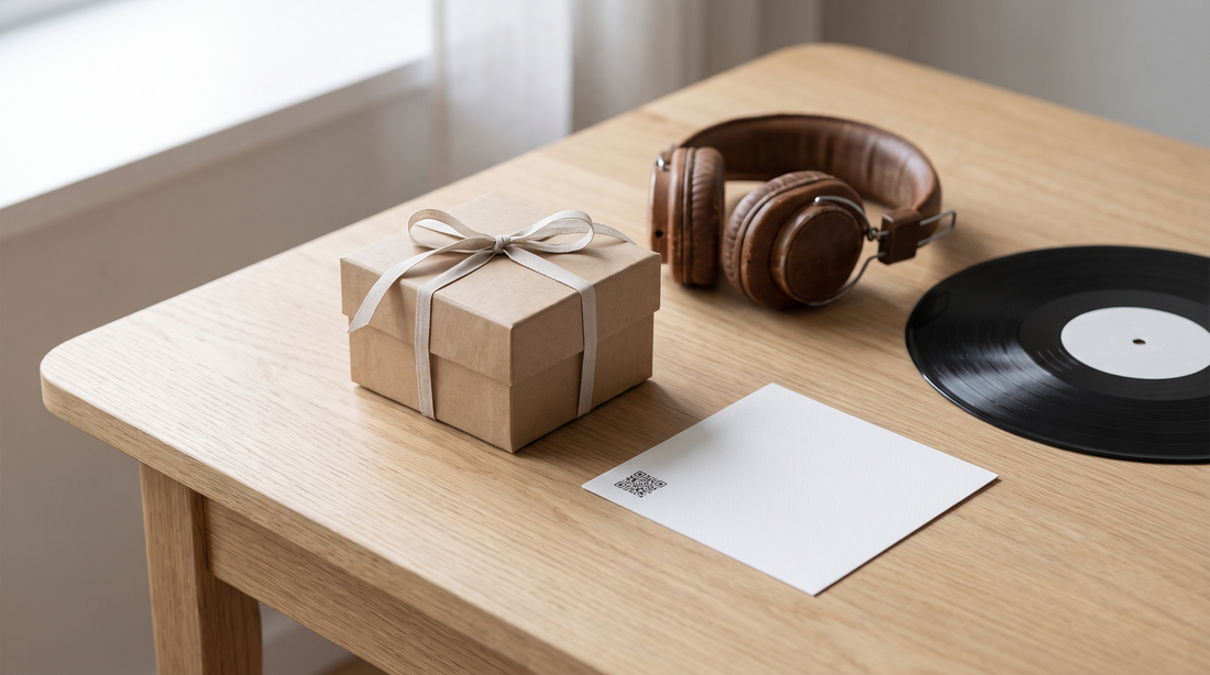 Lied für Opa: Geschenkbox, Kopfhörer und Schallplatte auf hellem Holztisch