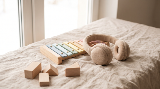 Kinderlied mit Namen: Holz-Xylophon, Kinderkopfhörer und Bauklötze auf hellem Leinen