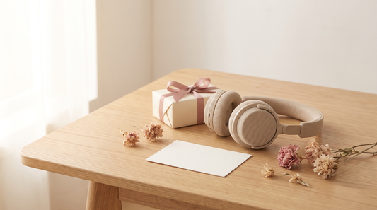 Ruhiges, produktneutrales Stillleben als Symbolbild für ein Lied für Tochter: Geschenkbox, Kopfhörer und leere Karte auf hellem Holztisch