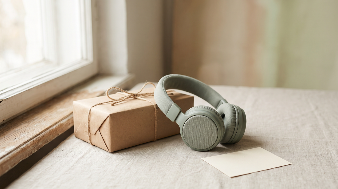 Lied verschenken: Geschenkbox und Kopfhörer auf hellem Leinen