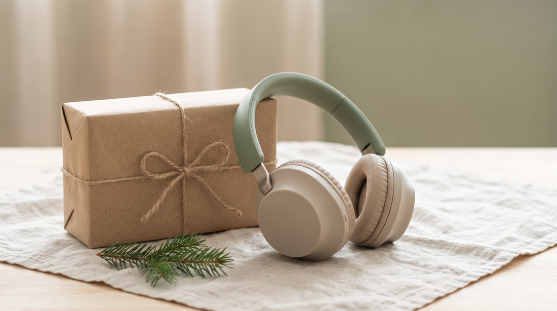 Weihnachtsgeschenk für Eltern: Geschenkbox mit Kopfhörern und Tannenzweig auf hellem Leinen