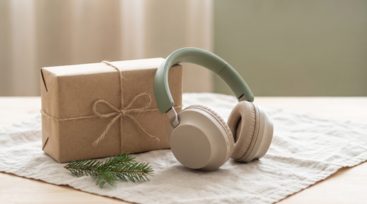 Weihnachtsgeschenk für Eltern: Geschenkbox mit Kopfhörern und Tannenzweig auf hellem Leinen
