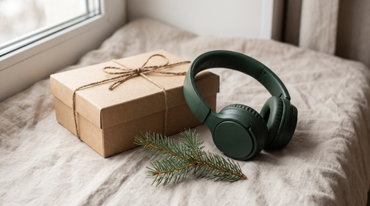 Weihnachtsgeschenk für Papa: Geschenkbox und Kopfhörer auf hellem Leinen
