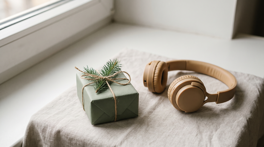Weihnachtsgeschenk für Freundin: Geschenkbox mit Tannenzweig und Kopfhörern auf hellem Leinen