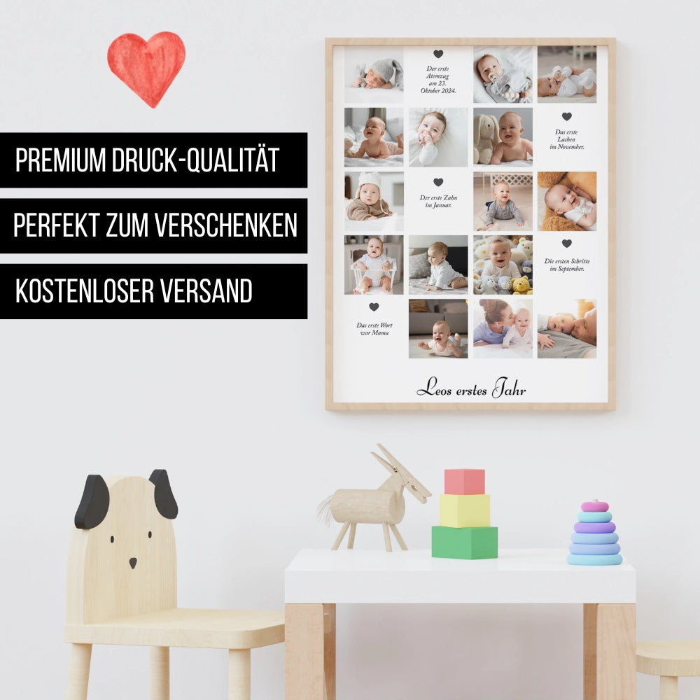 Personalisiertes Baby Poster "Erstes Jahr" – Mit eigenen Fotos und Texten