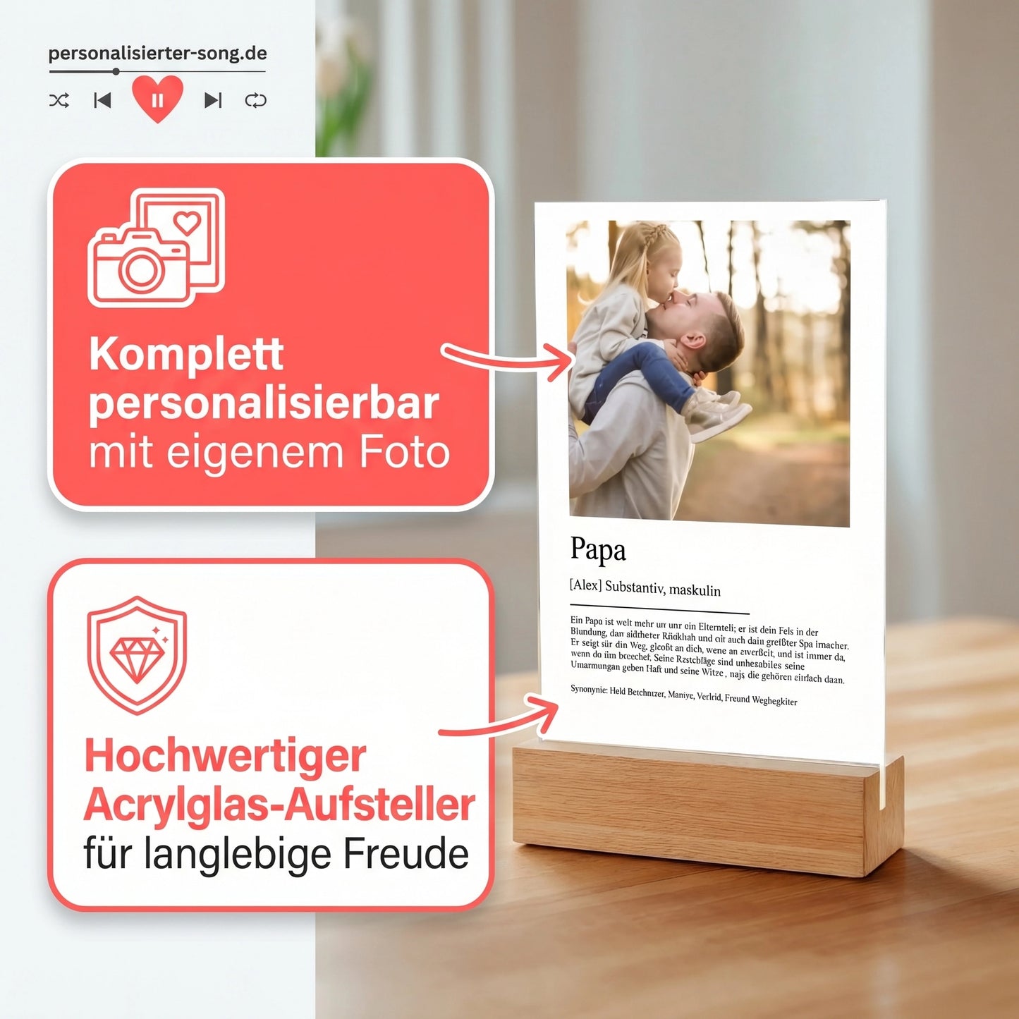 Personalisiertes Geschenk für Papa – Acrylglas-Aufsteller mit Foto, Definition Papa| 13 × 20 × 0,3 cm