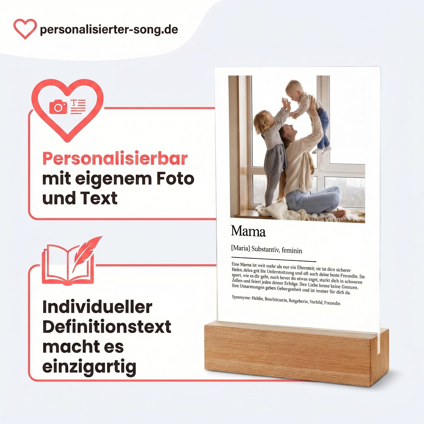 Personalisiertes Geschenk für Mama – Acrylglas-Aufsteller mit Foto, Definition Mama | 13 × 20 × 0,3 cm