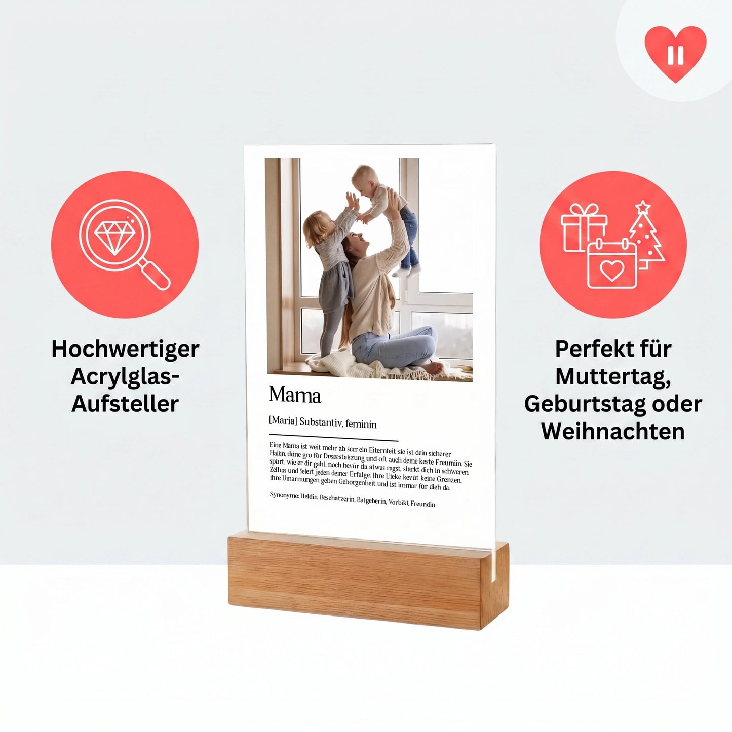 Personalisiertes Geschenk für Mama – Acrylglas-Aufsteller mit Foto, Definition Mama | 13 × 20 × 0,3 cm